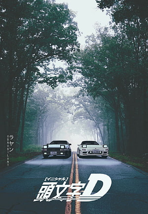 Initial D Anime Poster Featuring Two Classic JDM Cars on a Misty Forest Road HD phone wallpaper