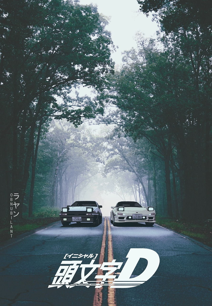 Initial D Anime Poster Featuring Two Classic JDM Cars on a Misty Forest Road HD phone wallpaper
