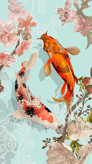 Two ornamental koi carp swimming among blooming cherry blossoms and stylized clouds on a mint background HD phone wallpaper