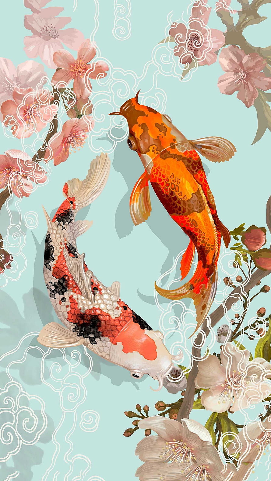Two ornamental koi carp swimming among blooming cherry blossoms and stylized clouds on a mint background HD phone wallpaper