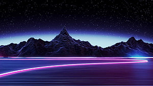 Retro Synthwave Mountain Landscape with Neon Grid and Starry Night Sky HD wallpaper