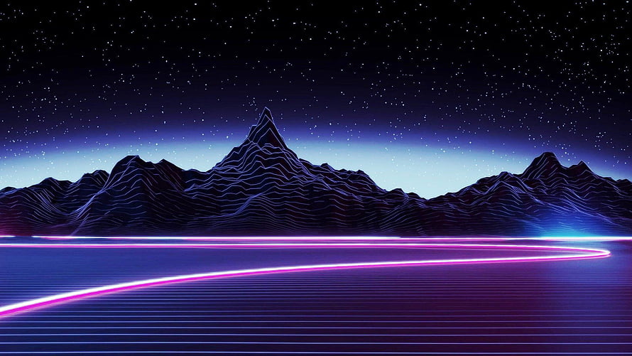 Retro Synthwave Mountain Landscape with Neon Grid and Starry Night Sky HD wallpaper