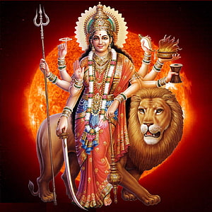 Goddess Durga Riding a Lion with Trident and Sword in Traditional Indian Art HD phone wallpaper