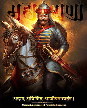 Maharana Pratap on Horseback in Royal Armor with Sword and Turban HD phone wallpaper
