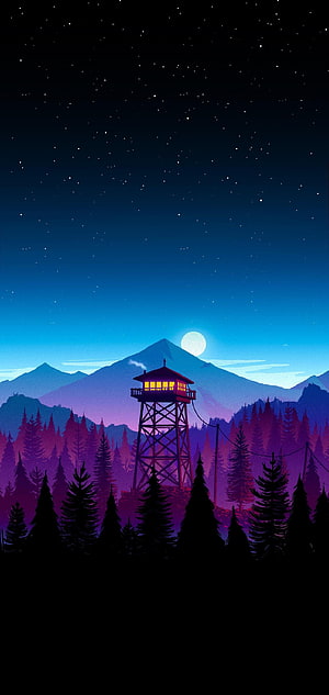 Firewatch Watchtower at Night with Starry Sky and Moonlit Mountains HD phone wallpaper