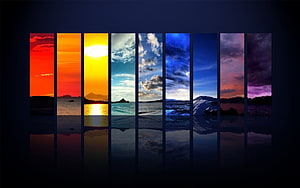 Vertical Window Panes Displaying Colorful Coastal Landscapes with Water Reflections HD wallpaper