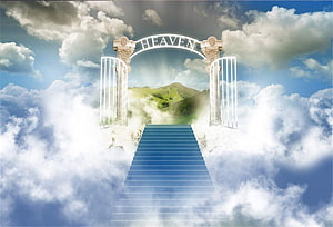 Stairway to Heaven Gate in Clouds with Blue Sky and Green Hills HD wallpaper