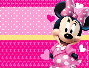 Minnie Mouse in a pink polka dot dress with a large bow against a patterned background with hearts HD wallpaper