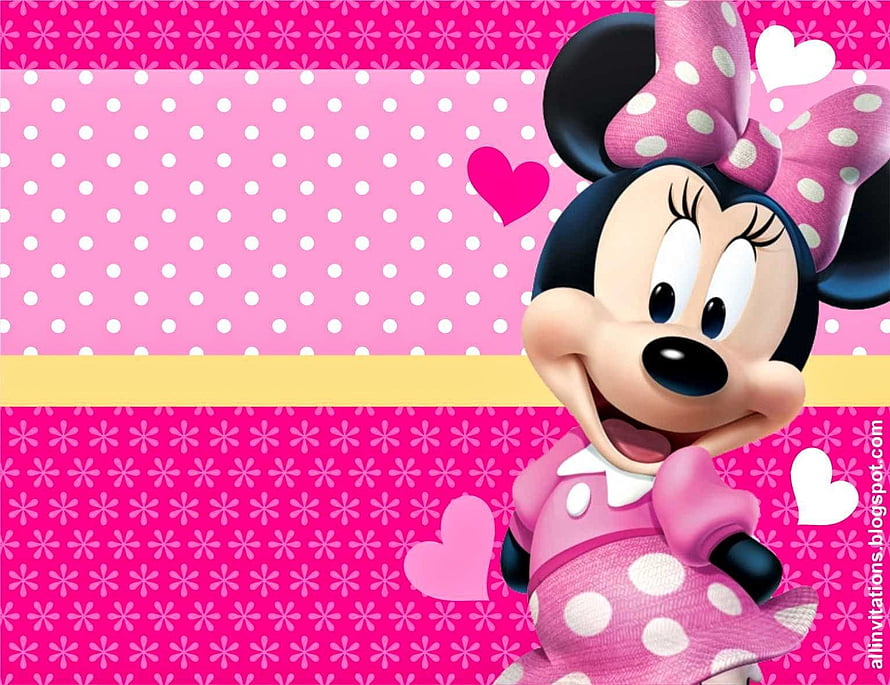 Minnie Mouse in a pink polka dot dress with a large bow against a patterned background with hearts HD wallpaper