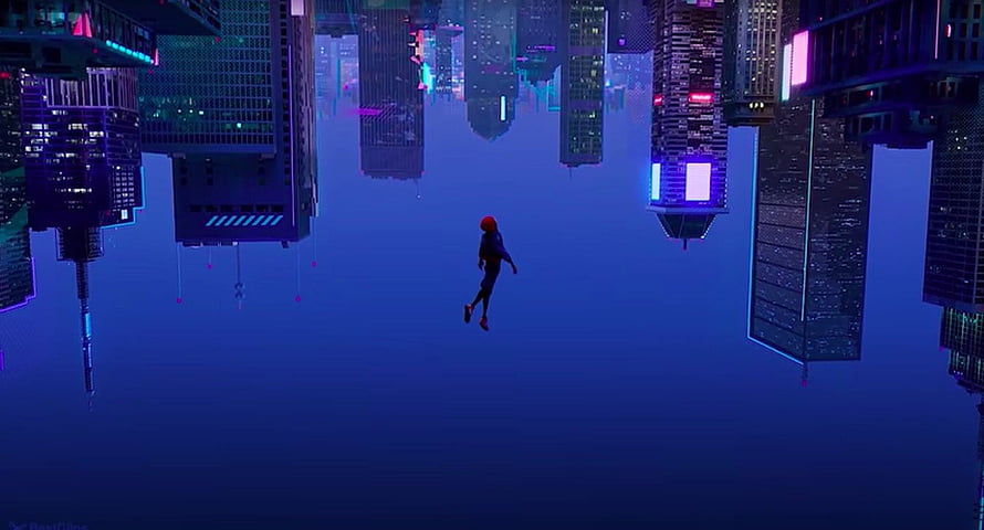Miles Morales Floating in a Neon-Lit Cyberpunk Cityscape HD wallpaper