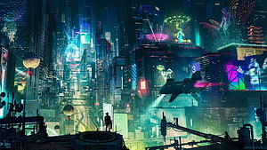 Cyberpunk 2077 Night City Skyline with Flying Vehicle and Neon Holograms HD wallpaper