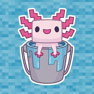 Cute Minecraft Axolotl Sticker Art by Oomles with Pixelated Blue Background HD phone wallpaper