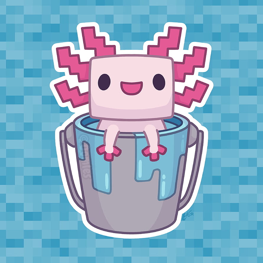 Cute Minecraft Axolotl Sticker Art by Oomles with Pixelated Blue Background HD phone wallpaper