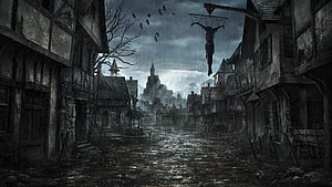 Dark Medieval Village Street with Hanging Figure and Distant Castle in Rain HD wallpaper