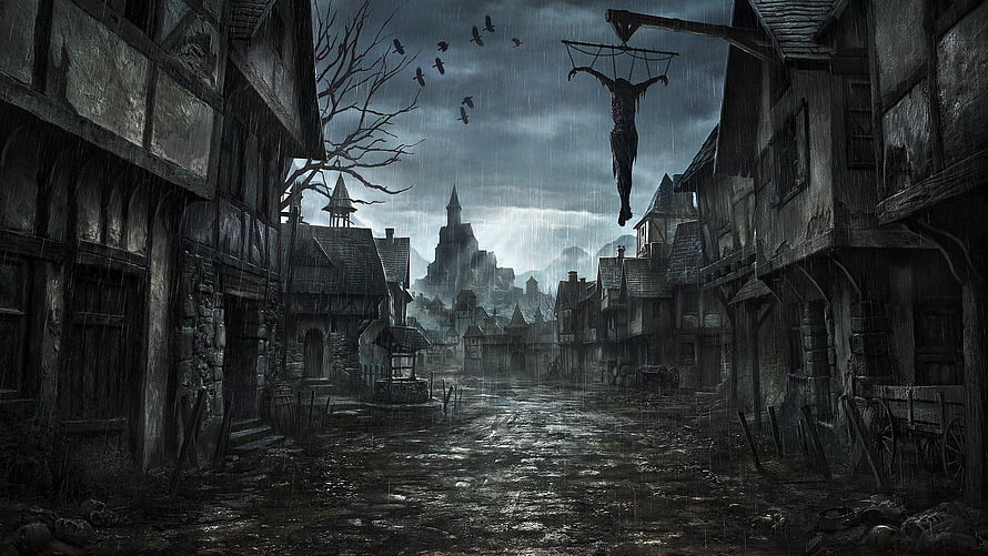 Dark Medieval Village Street with Hanging Figure and Distant Castle Under Stormy Sky HD wallpaper