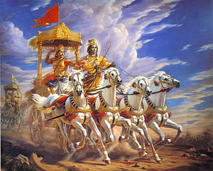 Lord Krishna and Arjuna on the Divine Chariot at the Kurukshetra Battlefield HD wallpaper