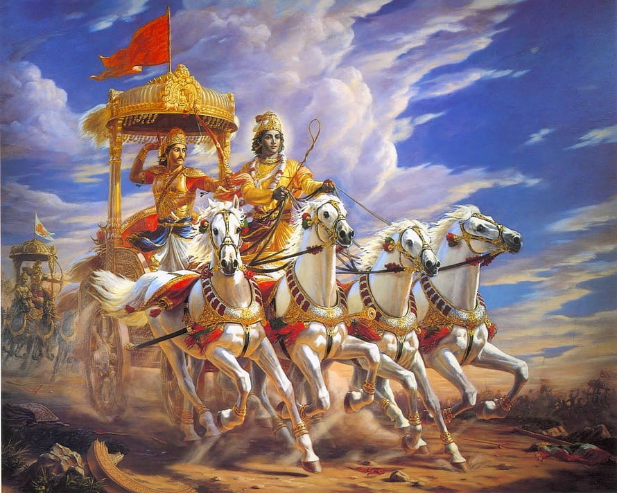 Lord Krishna and Arjuna on the Divine Chariot at the Kurukshetra Battlefield HD wallpaper