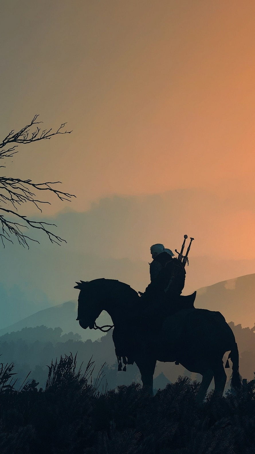 The Witcher Rider Silhouette on Horseback at Sunset with Misty Mountains HD phone wallpaper