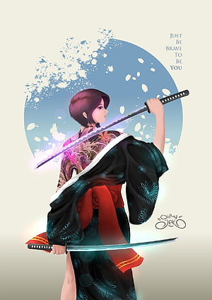 Digital Illustration of a Samurai Woman in Traditional Kimono Holding Dual Katana Swords HD phone wallpaper