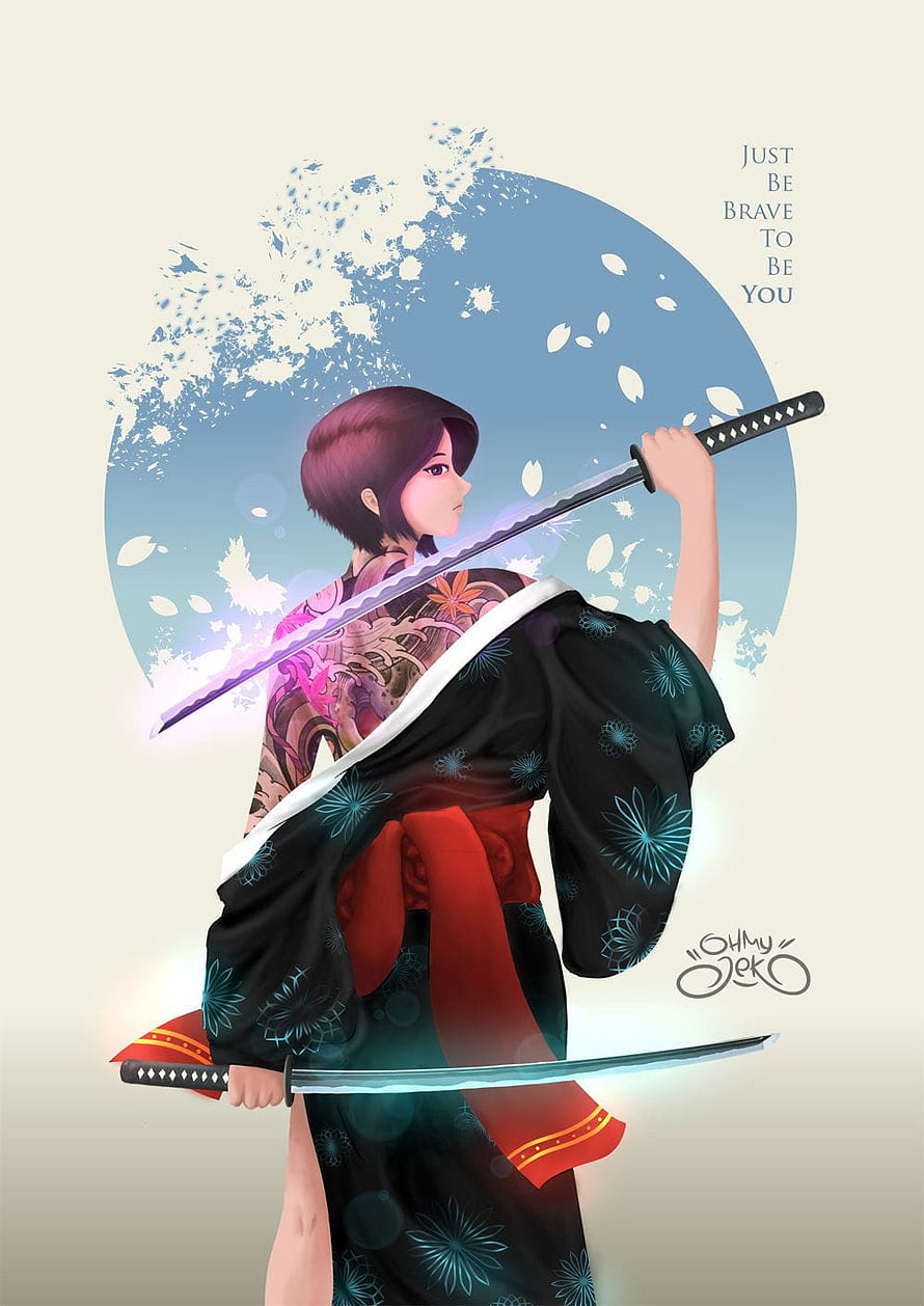 Digital Illustration of a Samurai Woman in Traditional Kimono Holding Dual Katana Swords HD phone wallpaper