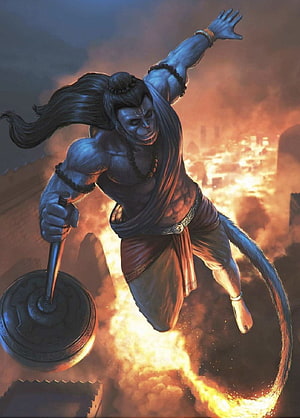 Hanuman Flying Through Fire With Mace in Epic Fantasy Illustration, Pin on Jai shri Ram, lord rama animated HD phone wallpaper