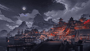 Moonlit Japanese Castle Town with Traditional Architecture and Misty Mountains HD wallpaper