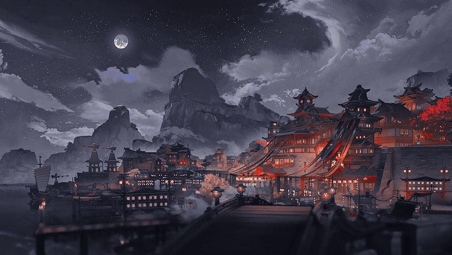 Moonlit Japanese Castle Town with Traditional Architecture and Misty Mountains HD wallpaper
