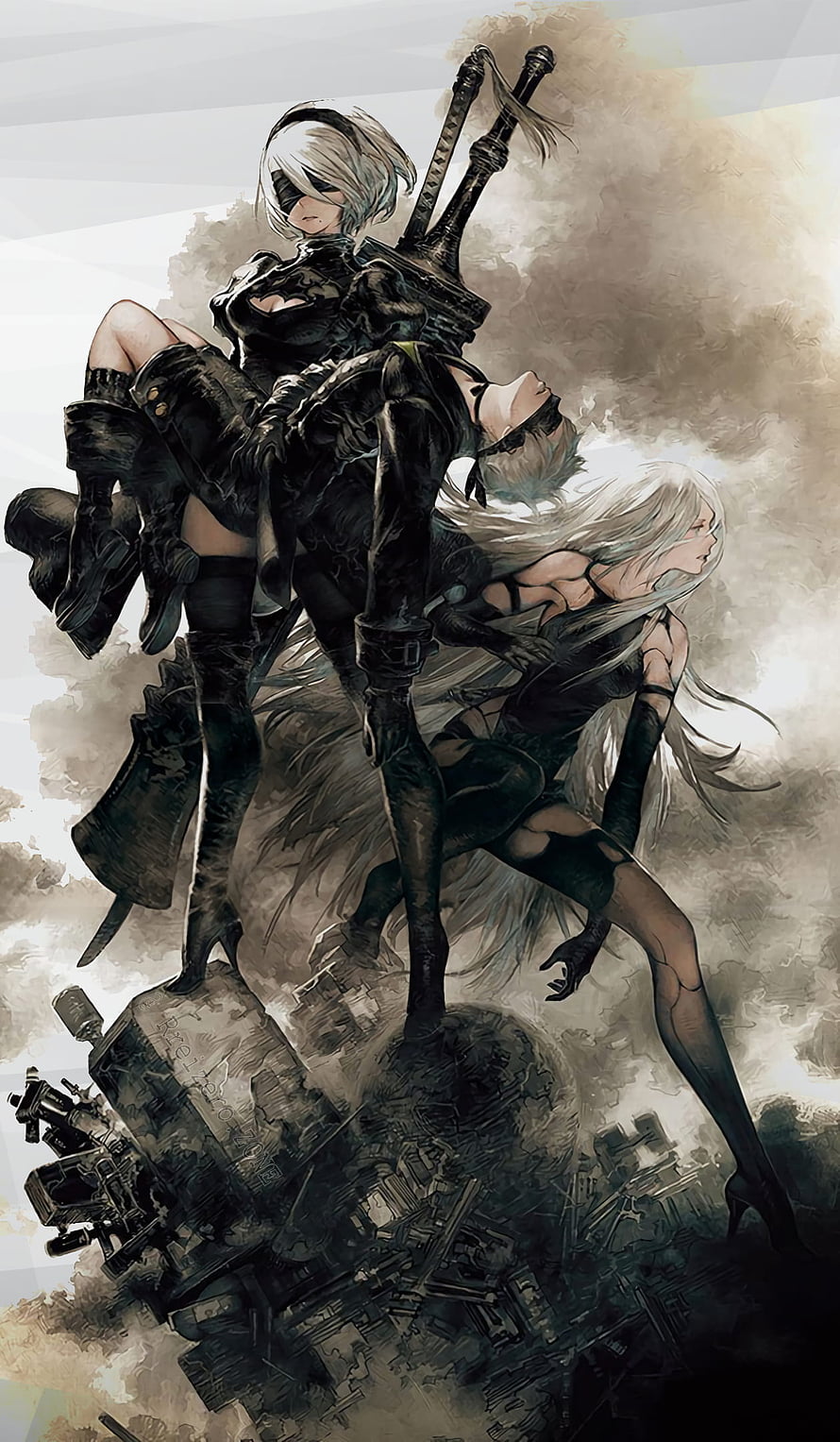 NieR Automata 2B and A2 Standing on a Pile of Weapons in a Monochrome Art Style HD phone wallpaper
