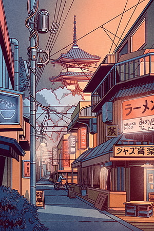 Illustrated Japanese Alleyway at Dusk with Traditional Pagoda and Ramen Shop Signage HD phone wallpaper