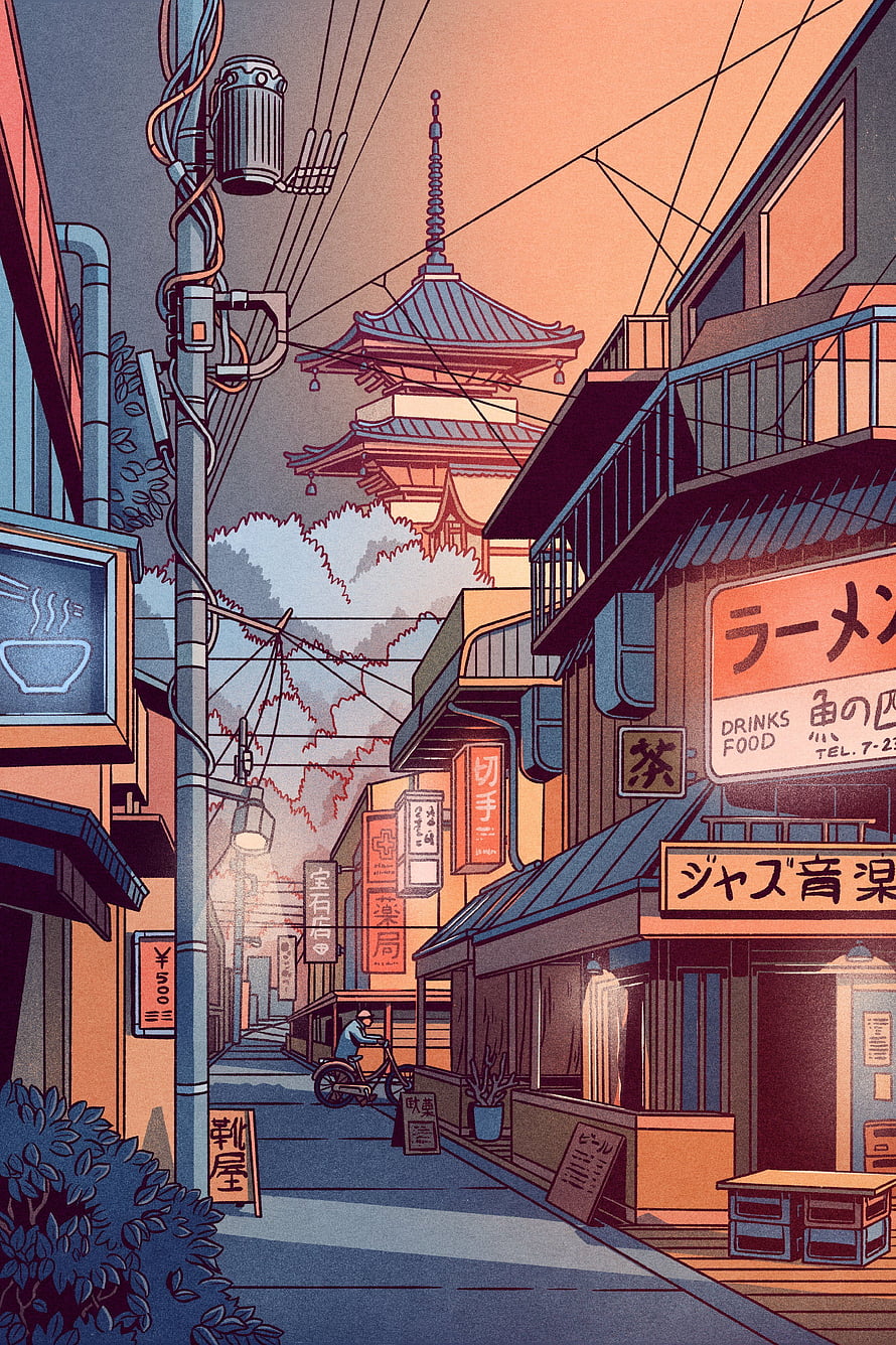 Illustrated Japanese Alleyway at Dusk with Traditional Pagoda and Ramen Shop Signage HD phone wallpaper