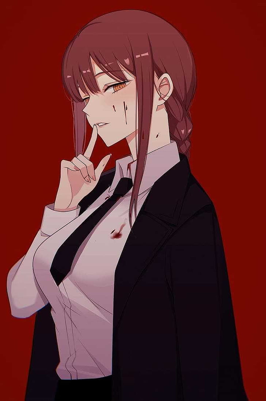 Makima from Chainsaw Man in a black suit with a finger to her lips against a red background HD phone wallpaper