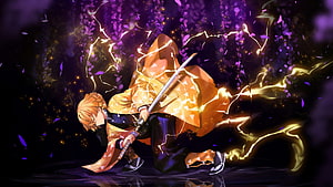 Zenitsu Agatsuma in Dynamic Sword Stance with Lightning Effects from Demon Slayer HD wallpaper
