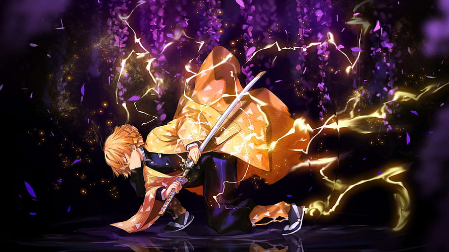 Zenitsu Agatsuma in Dynamic Sword Stance with Lightning Effects from Demon Slayer HD wallpaper