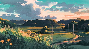Studio Ghibli Countryside Landscape with Winding Path and Dramatic Clouds HD wallpaper