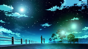 Anime Night Sky Promenade With Moon, Stars, and Two Silhouetted Figures HD wallpaper