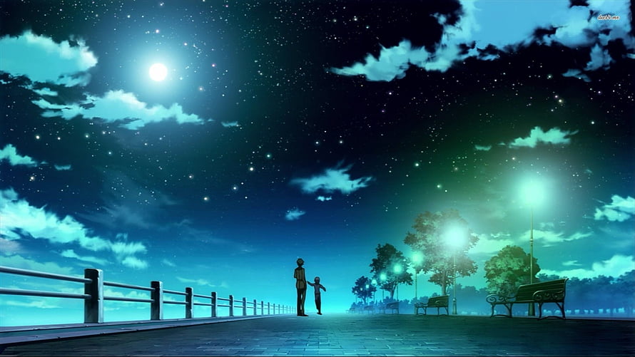 Anime Night Sky Promenade With Moon, Stars, and Two Silhouetted Figures HD wallpaper