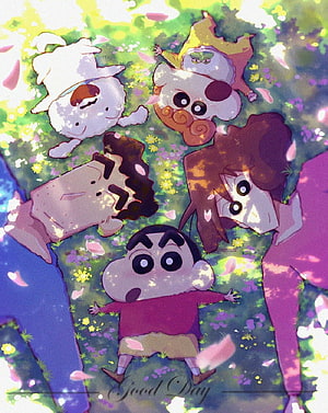 Crayon Shin-chan Family Lying in a Flower Field with Shinnosuke Nohara HD phone wallpaper