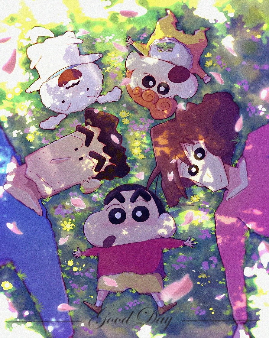 Crayon Shin-chan Family Lying in a Flower Field with Shinnosuke Nohara HD phone wallpaper