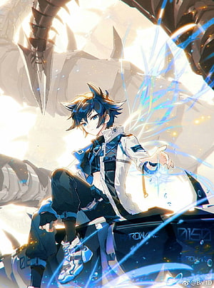 Lan Xuanyu from Soul Land Anime Sitting Before a Giant Mecha with Blue Energy Effects HD phone wallpaper