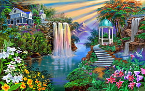 Dreamy Garden Landscape with Waterfall, Gazebo, and Cottage at Sunset HD wallpaper