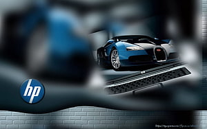 HP Laptop Displaying Blue Bugatti Veyron Sports Car on Screen HD wallpaper
