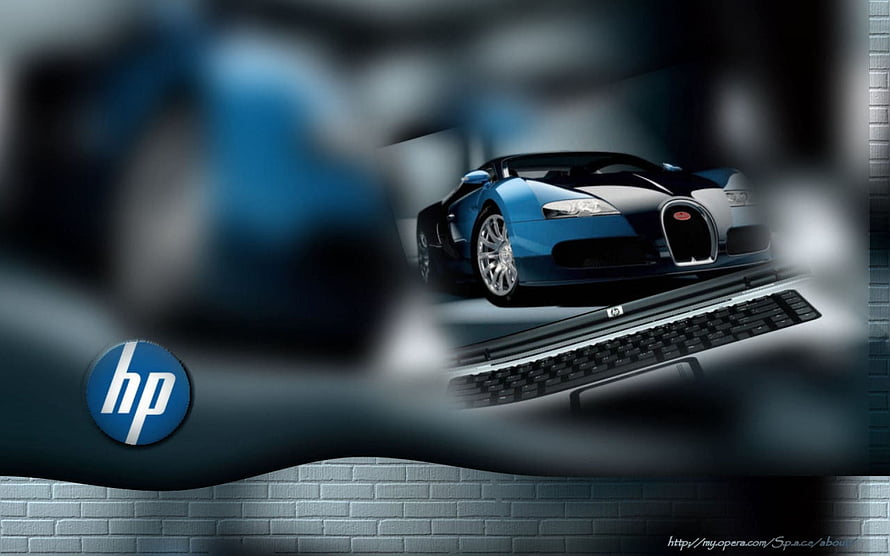 HP Laptop Displaying Blue Bugatti Veyron Sports Car on Screen HD wallpaper