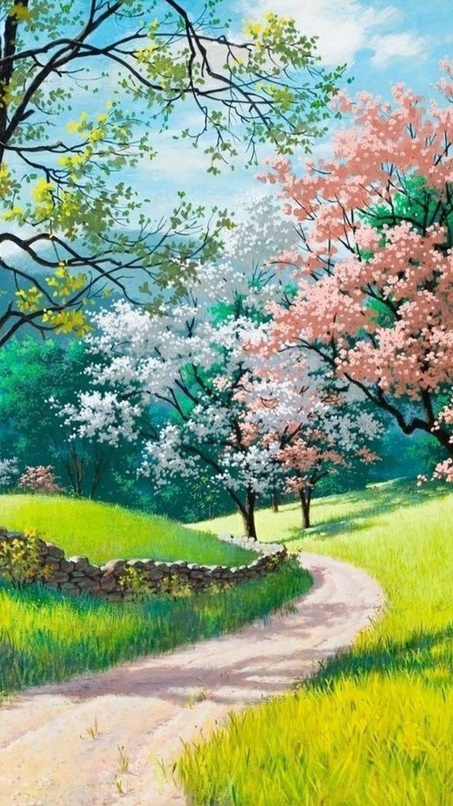 Studio Ghibli Inspired Spring Landscape with Cherry Blossoms and Winding Path HD phone wallpaper