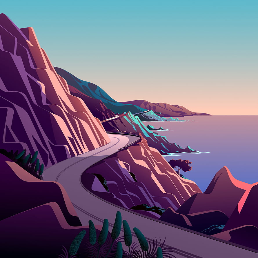 Stylized Coastal Cliff Road at Sunset with Purple Mountains and Ocean Waves HD phone wallpaper