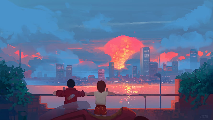 Two Figures Gazing at a Glowing City Skyline at Dusk in Digital Art HD wallpaper