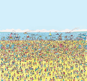 Where's Wally Mural: A Crowded Beach Scene with Hundreds of Tiny Characters HD wallpaper