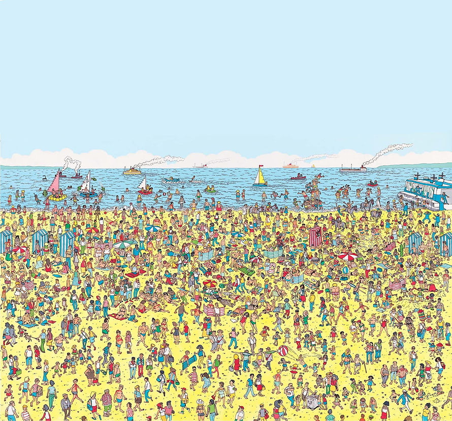 Where's Wally Mural: A Crowded Beach Scene with Hundreds of Tiny Characters HD wallpaper