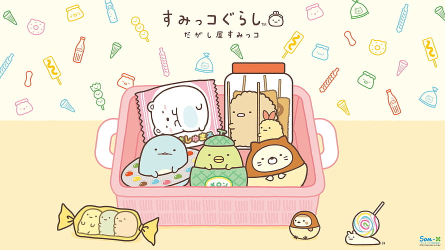 Sumikko Gurashi Characters Enjoying a Bento Box Picnic with Snacks and Drinks HD wallpaper