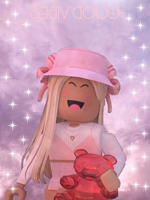 Cute Roblox Avatar Girl in Pink Bucket Hat Holding a Red Teddy Bear HD phone wallpaper