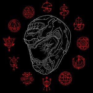 Doom Slayer Helmet Line Art with Red Occult Sigils on Black Background HD phone wallpaper